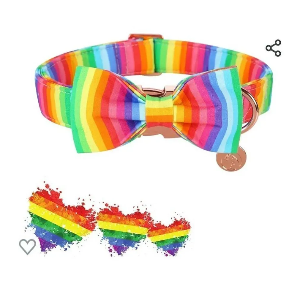 Collar Bowtie Set Bright Rainbow Colors Dog Rose Gold Metal D Ring XL  NEW